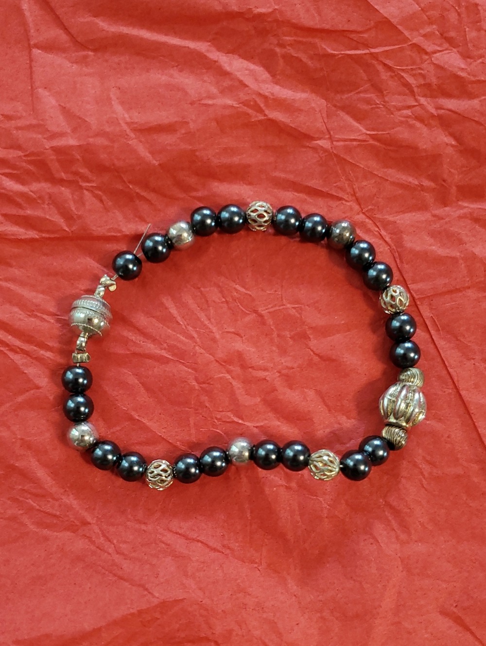 Black Beaded Bracelet with Silver Accents